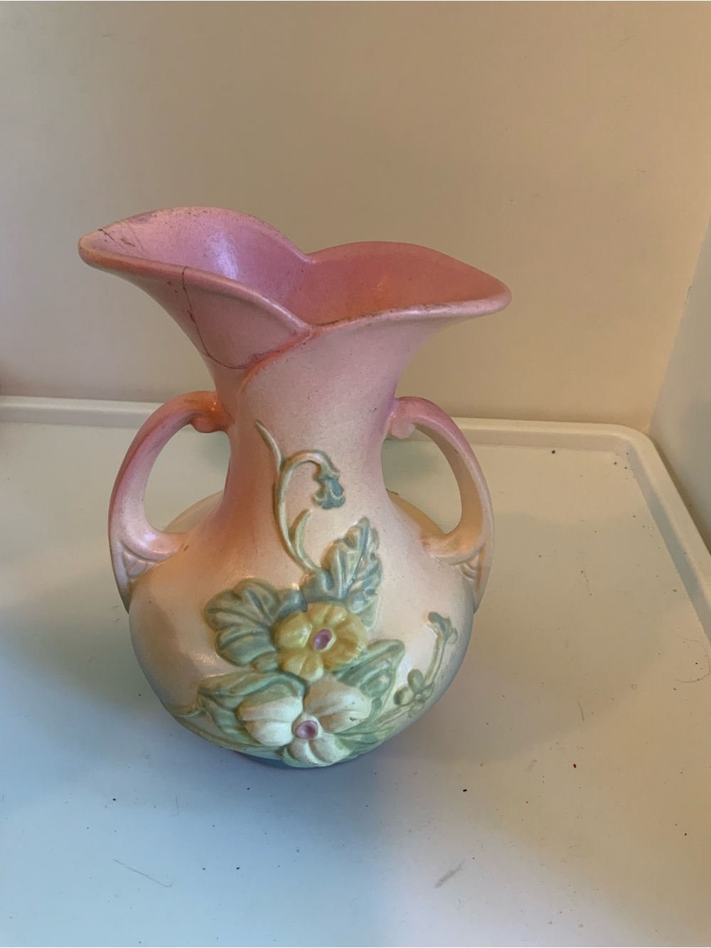 Pastel Pink Floral Relief Double-Handled Vase